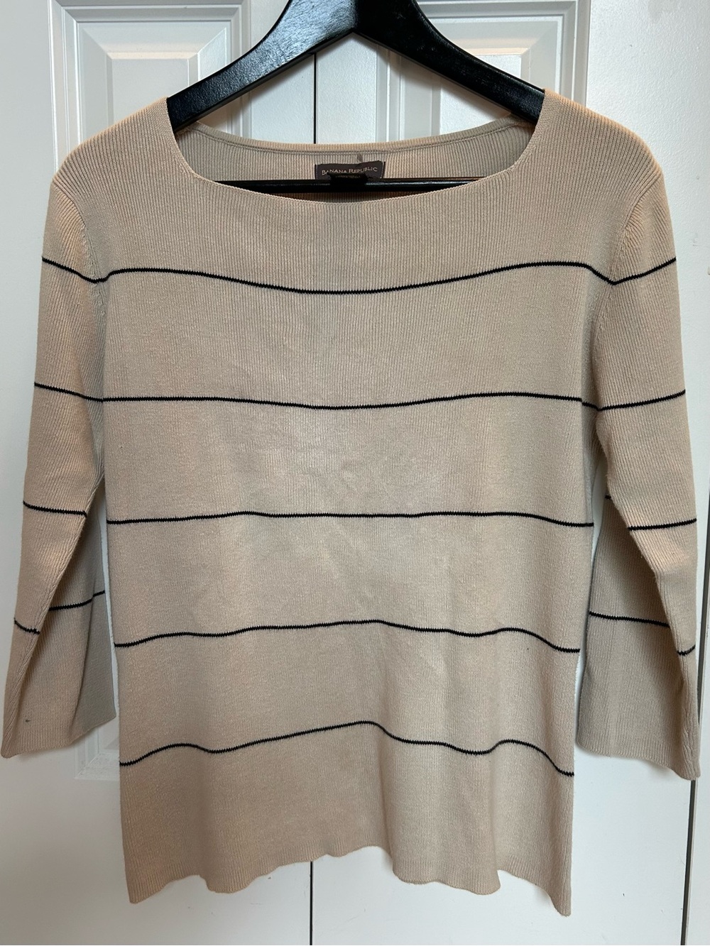 Banana Republic Beige Knit Crewneck Light Sweater with Black Stripes